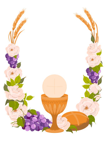 Composition of Christian symbols, attributes of the first communion. Golden bowl for wine, bread, wine, grapes, white roses in flat style. Design elements for an invitation to the Holy Eucharist.のイラスト素材