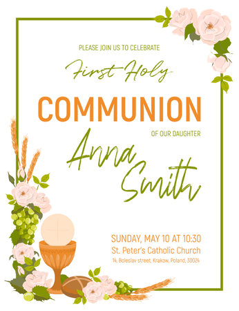 Square frame with first communion symbols. Vector. Composition from a golden bowl for wine, bread, wine, grapes, white roses. Beautiful design elements for an invitation to the Holy Eucharist.のイラスト素材