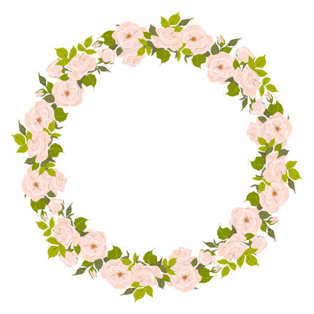 Romantic floral round frame, elegant pastel pink flowers, buds and green leaves. A wreath of summer flowers for a wedding invitation in Provence style. Vector flat illustration.のイラスト素材
