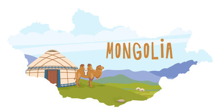 Mongolian landscape. A yurt against a backdrop of mountains, a domestic camel next to a traditional nomadic dwelling. Green pastures, vector illustration for travel poster. Flat style. Map of Mongoliaのイラスト素材