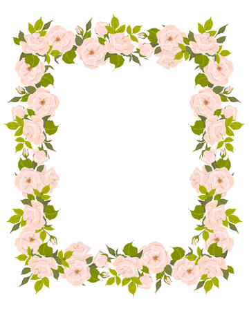Romantic floral vertical frame, elegant pastel pink flowers, buds and green leaves. A wreath of summer flowers for a wedding invitation in Provence style. Vector flat illustration.のイラスト素材