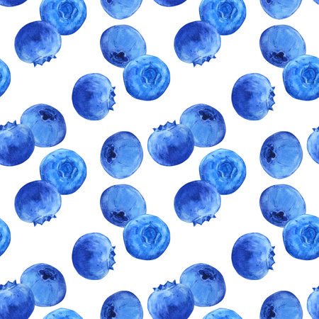Watercolor seamless pattern with natural fresh blueberries. Bright blue, ripe berries on a white background. Illustration with wild bilberries for printing on fabric, wallpaper, packaging.の写真素材