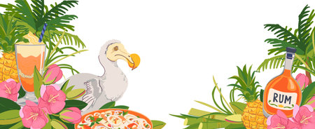 Horizontal template with tourist attractions of Mauritius island. Vector frame with place for text. Dodo bird, trochetia boutoniana flowers, pineapple, rum, cocktail. Tropical paradise place for rest.のイラスト素材
