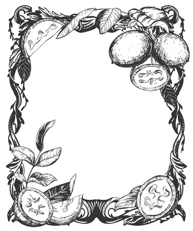 Ornament frame border with hazelnuts. Elegant label in the form of vintage filigree plant forms. Line drawing in ink for label template, packaging, emblem of Nocino liqueur.のイラスト素材