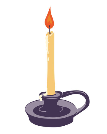 Medieval style candlestick with burning candle. Vector Halloween elements in flat form. Element for mystical witch ritual, attribute of magic ritual on white background. Clipart for Day of the Dead.のイラスト素材