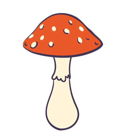 Vector hand drawn cartoon fly agaric mushroom. Poisonous red mushroom amanita. Vector illustration on white background.のイラスト素材