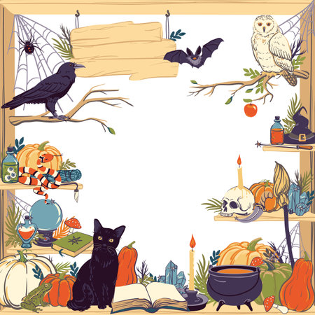 Frame with goods of magic shop decorated for Halloween. Shelves with witchcraft and witchcraft goods, cauldron, grimoire, potion, elixir, skull, magic ball, cat, snake, owl, toad, spider. Vector.のイラスト素材