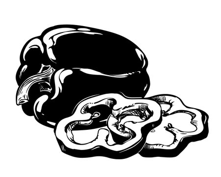 Vector illustration of ripe paprika. Whole vegetable and slices lie on the table. Black ink drawing. Engraving style sketch on white background. Culinary spice. Composition for label, packaging.のイラスト素材