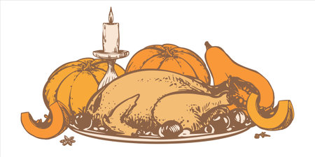 Hand drawn roasted turkey on a plate with vegetables and orange pumpkins. Vector sketch in engraving style. Baked chicken with vegetables on a plate for a Thanksgiving party. Line art ink drawing.のイラスト素材