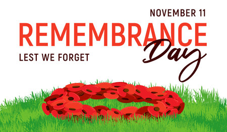 Traditional symbol of Remembrance Day on November 11. Vector illustration for Poppy Day in the UK. Wreath of paper poppies lies on green grass. Horizontal banner for ANZAC Day.のイラスト素材