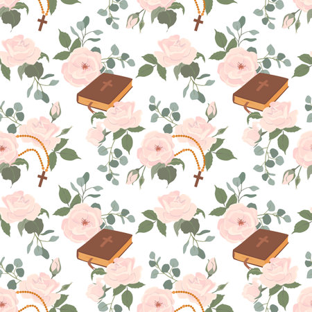 Vector background of first communion symbols. Bible, rosary, white roses and crucifix. Seamless pattern with Christian symbols. Clipart for holiday invitations.のイラスト素材