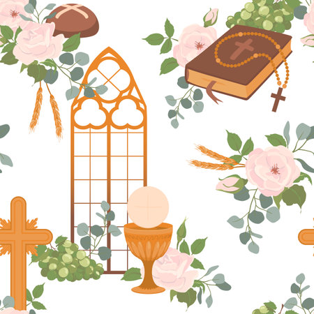 First communion symbols vector background. Golden wine cup, Grail, bread, Bible, rosary, wine, white roses and crucifix. Seamless pattern with Christian symbols. Clipart for holiday invitations.のイラスト素材