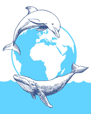 Whale Day or Ocean Day emblem. concept global problem of preserving marine animal diversity. Vector linear drawing of dolphin and humpback whale against the background of planet Earth.のイラスト素材