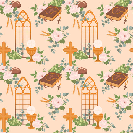 Vector background with attributes of the first communion. Golden wine cup, bread, Bible, rosary, white roses and crucifix. Seamless pattern with Christian symbols. Clipart for holiday invitations.のイラスト素材