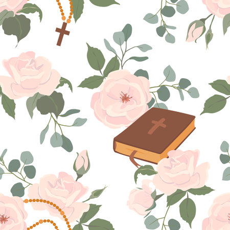 Vector background of first communion symbols. Bible, rosary, white roses and crucifix. Seamless pattern with Christian symbols. Clipart for holiday invitations.のイラスト素材