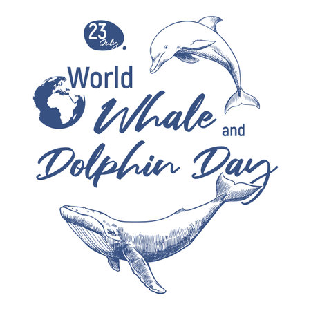 Poster for Whale and Dolphin Day July 23. Concept of global problem of preserving animal diversity in the ocean. Vector linear drawing of orca and humpback whale.のイラスト素材