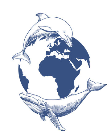 Vector emblem for Whale Day or Ocean Day. Line drawing of dolphin and humpback whale against the background of planet Earth. Concept of conservation of nature and diversity of marine mammals.のイラスト素材