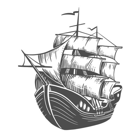 Ship sketch. Sailboat with raised sails. Vector illustration in engraving style isolated on white background. Sea vessel for retro design.のイラスト素材