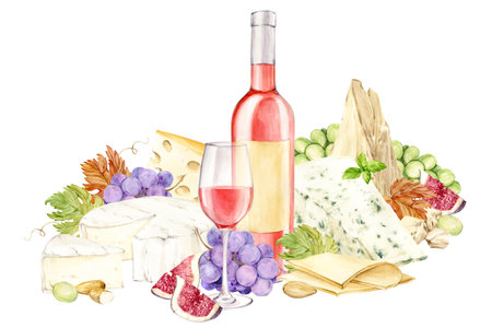 Rose wine and snack. Bottle of light wine, glass of red wine, blue grapes, brie and cheddar cheese and figs. Watercolor illustration in retro style. Composition for menu or wine list design.の写真素材