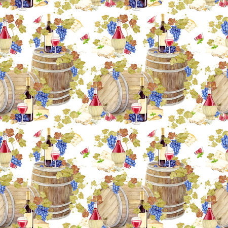 Red wine, grape vine with blue berries. Seamless pattern with wooden barrels, black grapes, cheese, wine bottles and glasses. Watercolor illustration for craft winery in retro style. Background cover.の写真素材