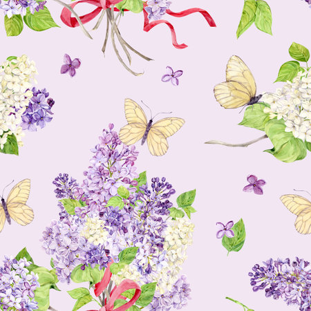 Seamless background with white and purple lilacs wrapped in pink silk ribbons. Watercolor spring flowers in botanical style. Hand drawing for printing on fabric, wrapping paper.の写真素材