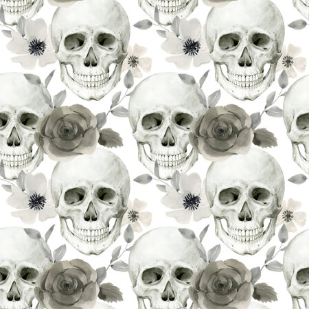 Seamless pattern of human skulls isolated on background. Watercolor Halloween background, vintage mystical decor. Vintage cranium. Anatomical detailed drawing of skeleton bone.の写真素材
