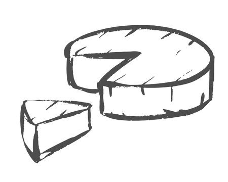 Vector rough sketch of cheese. White brie or camembert Italian, French soft cheese. Exquisite snack for wine. Cut piece and whole head of cheese. Imitation of quick drawing with ink and brushのイラスト素材