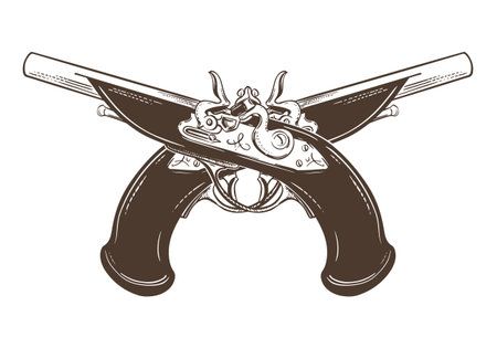 Two crossed dueling pistols. Vector illustration of antique flintlock muskets with wooden grip. Pirate and filibusters weapon. Hand drawn sketch. Imitation of engraving technique.のイラスト素材