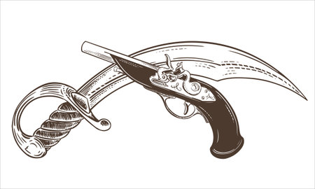 Sabre with curved blade and flintlock pistol. Pirate weapons. Vector sketch of broadsword and firearms of Corsair. Imitation of old engraving.のイラスト素材
