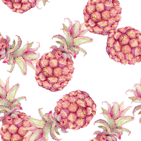 Seamless watercolor pattern with pineapples. Pink mini pineapples isolated on background....