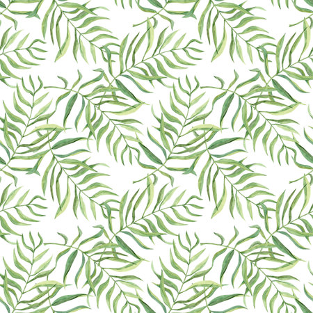 Seamless background of coconut palm leaves. Foliage of tropical plant Dypsis, botanical illustration. Pattern by Greenery for textile and packaging design. Jungle and Caribbean summer styleの写真素材