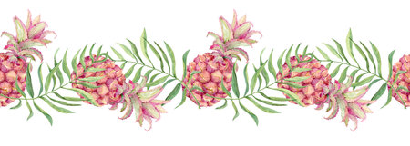 Horizontal Seamless watercolor pattern with pineapples and palm leaves. Mini pineapples and tropical greenery. Illustration for textiles, covers and summer designs. Jungle and Caribbean style.の写真素材