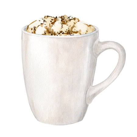 A white mug of cocoa with marshmallows. Hot chocolate is a traditional Christmas drink. A cup of coffee for a cozy winter holiday at home. Watercolor New Years illustration.の写真素材