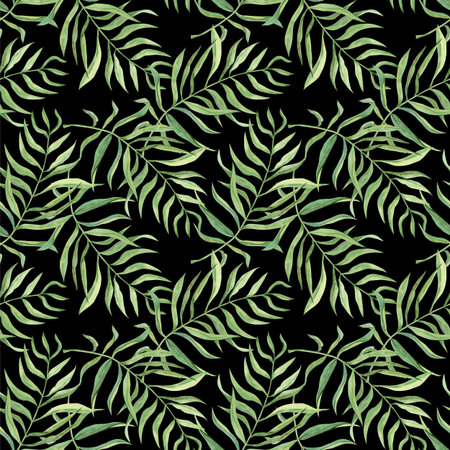 Seamless pattern of palm leaves on black background. Foliage of tropical plant, botanical illustration. Greenery pattern for textile and packaging design. Jungle and Caribbean style.の写真素材