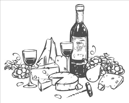 Vector composition with wine, glass of wine and snack. Grapes, cheese and fruits in quick linear ink sketch style. Clip art for restaurant menu, wine list or invitation to tasting.のイラスト素材