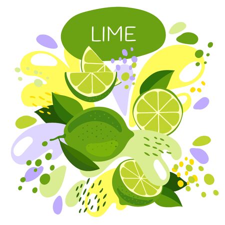 vector illustration of an organic fruit drink. ripe lime fruits with splash of bright fresh lime juice background. eco concept for a natural fruit smoothie labelのイラスト素材