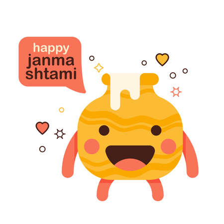 cute smiling cartoon yogurt pot Dahi Sri Krishna janmashtami character with speech bubble text happy janmashtami. icon or emblem for the janmashtami festival.のイラスト素材
