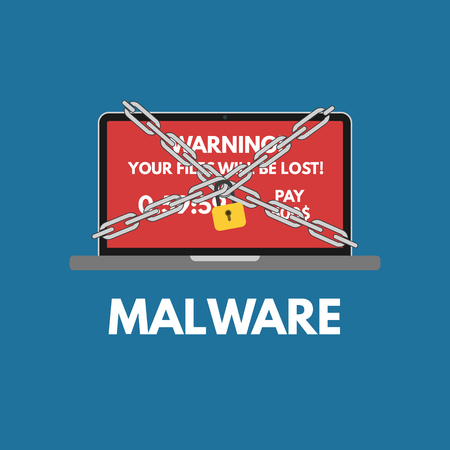 Malware cyber attack. Red alert notification and padlock with chain on laptop . Ransowmare virus encrypted files. Flat design.のイラスト素材