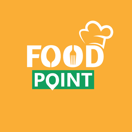 Food logo template. Design elements with spoon and fork. Minimalistic vector logo isolated on yellow backgroundのイラスト素材
