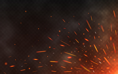 Fire sparks flying up on transparent background. Smoke and glowing particles on black. Realistic lighting sparks with bokeh effect for design. Vector illustrationのイラスト素材