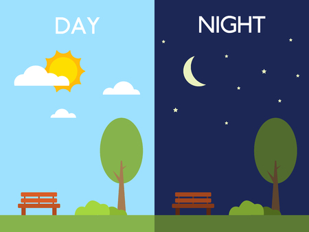 Day and night concept. Sun and moon. Tree and bench in good weather. Sky with clouds in flat style. Different periods for mobile app backgroundsのイラスト素材