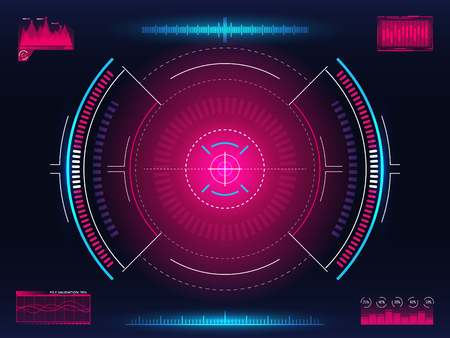 Aim system. Modern aiming concept. Futuristic HUD interface with bright infographic elements. Weapon crosshair template. Game element design. Glowing target with digital data. Vector illustration.のイラスト素材