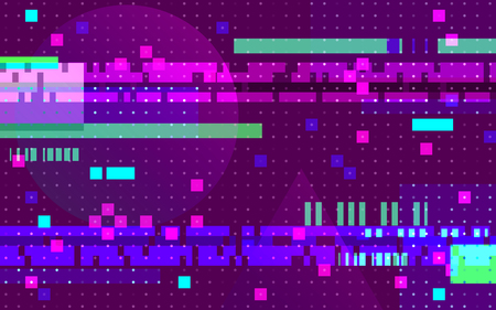 Glitch geometric distortion background. Abstract color pixels on purple backdrop. Random color lines. Old game concept. Modern glitch template. Vector illustration.のイラスト素材