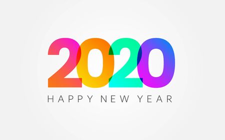 Happy New Year 2020. Holiday banner on white backdrop. Color gradient numbers and congratulation...