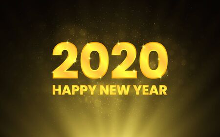 Merry Christmas and Happy New Year 2020. Golden numbers on black backdrop. Luxury text template....