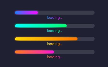 Loading bar set. Color gradient lines on dark backdrop. Progress visualization. Color web design elements. Loading status collection. Vector illustration.のイラスト素材