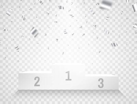 Realistic podium and falling confetti. Award ceremony on transparent backdrop. White pedestal with shiny confetti. Winner template with light effect. Vector illustrationのイラスト素材