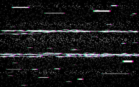 Glitch rewind on black backdrop. VHS background with stereo distortion. Old camera effect. Retro tape template. Random shapes and lines noise. Vector illustrationのイラスト素材