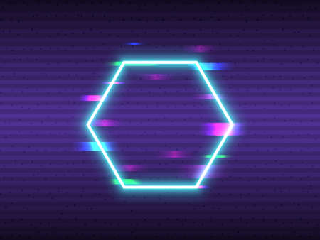 Glitch hexagon element. Neon frame design with digital distortions. Abstract shapes with VHS effect. Glowing form and random horizontal lines. Vector illustrationのイラスト素材