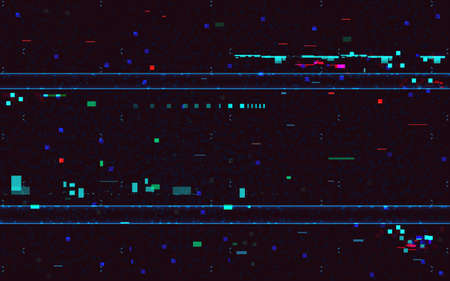 Glitch geometric distortion backdrop. Abstract random pixels on dark texture. Horizontal color...